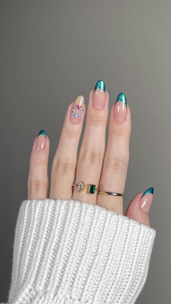 French manicure nude glossy rhinestones