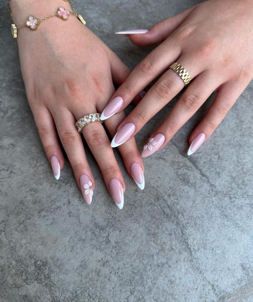 French rhinestone glossy nude nails