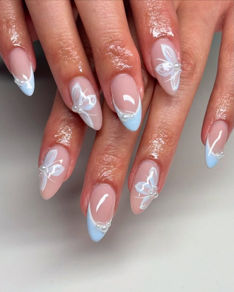 Spring French Nails with Daisy & Rhinestones