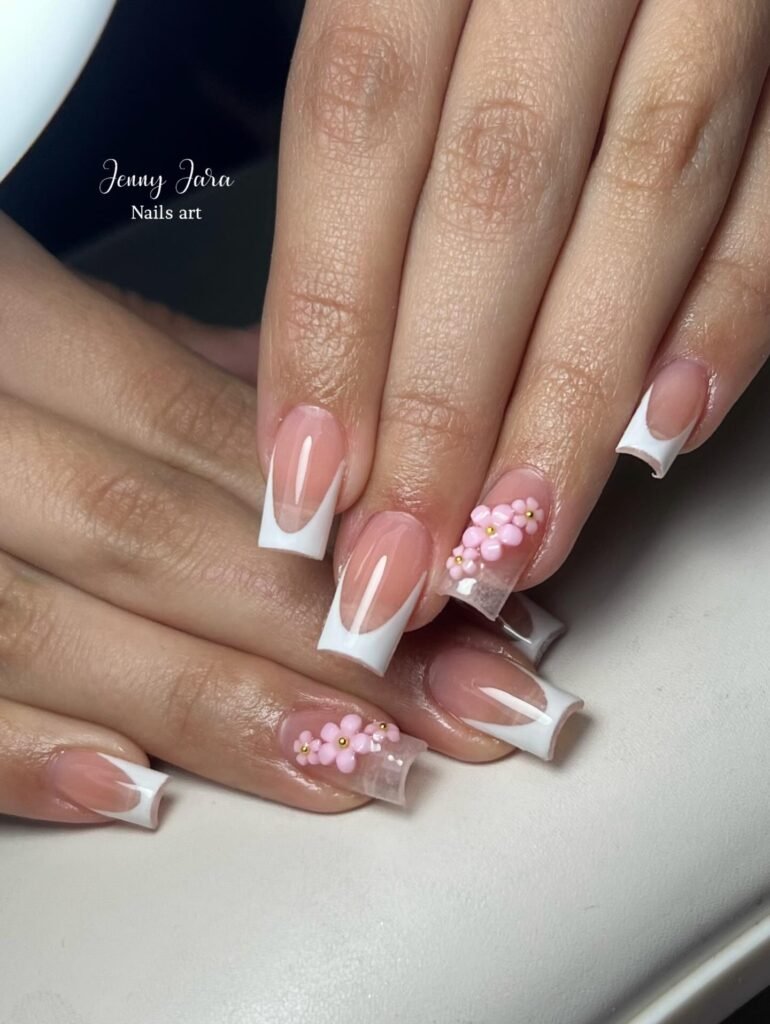 Nude French Nails with Gold Shimmer